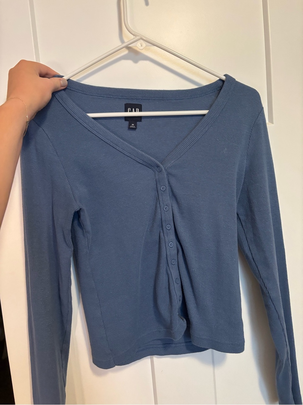 GAP Blue Button-Front Ribbed V-Neck Long Sleeve Top